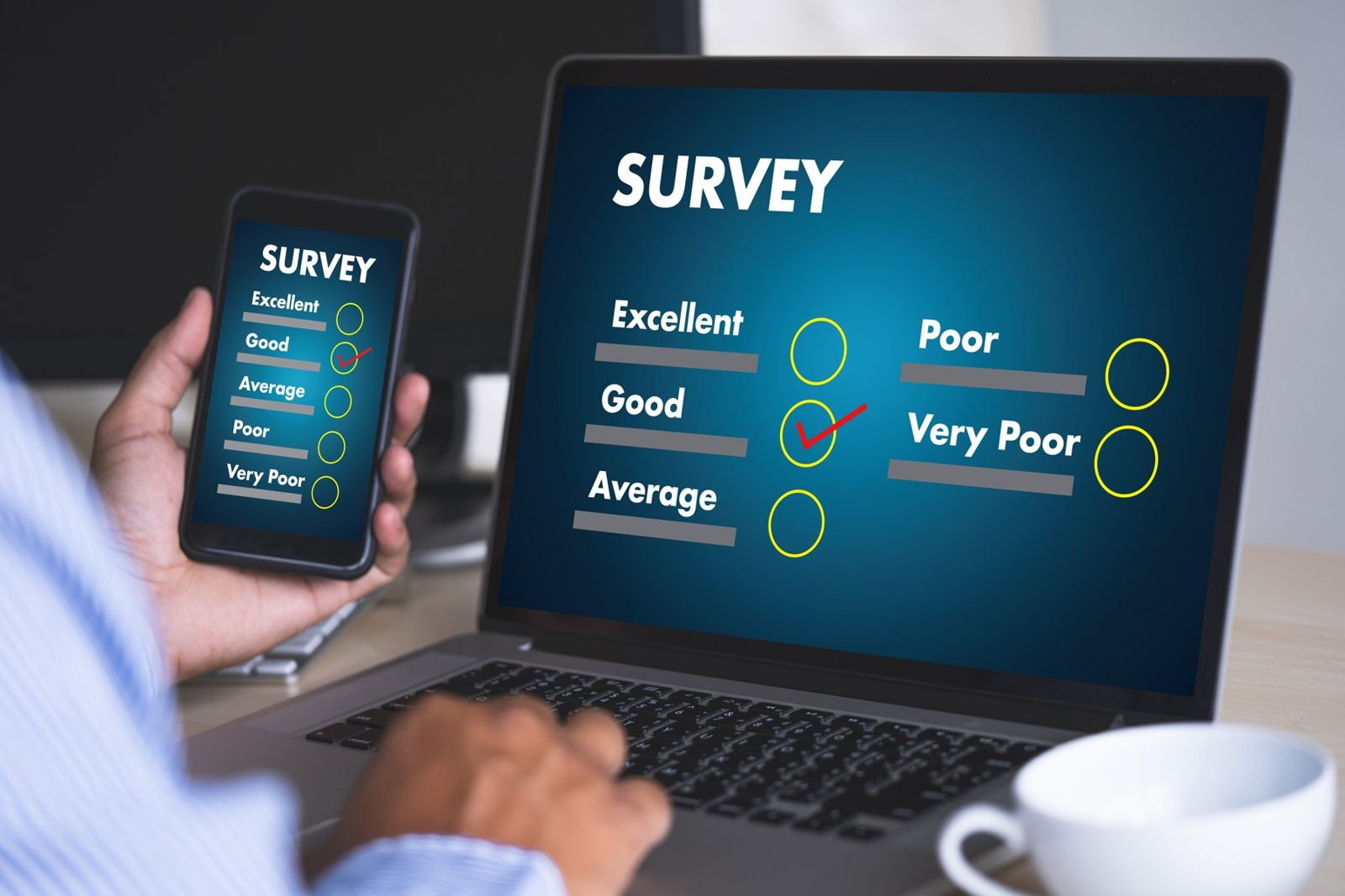 A survey on screen with Excellent, Good and Average rating options